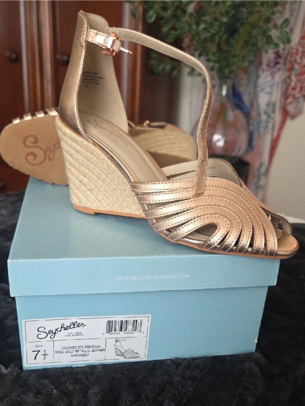 NEW Anthropologie x Seychelles Consciousness Gold Raffia Wedge Sandals 7.5